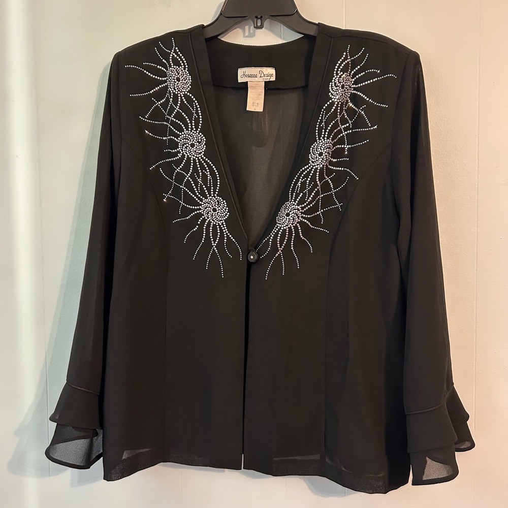 Hosanna Design USA Black Rhinestone Sheer Ruffle Bell Sleeve Blouse Plus Size XL